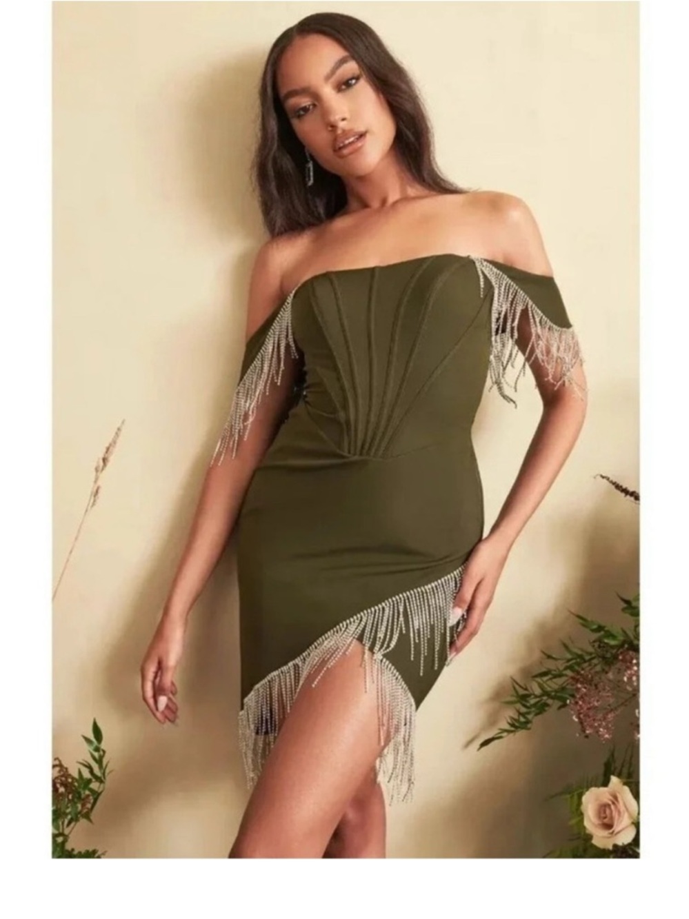 Lavish Alice Beaded Green Bardot Corset Dress